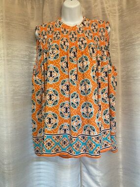 Crown & Ivy Orange, Teal and White Medallion pineapple Print Blouse size 2XL